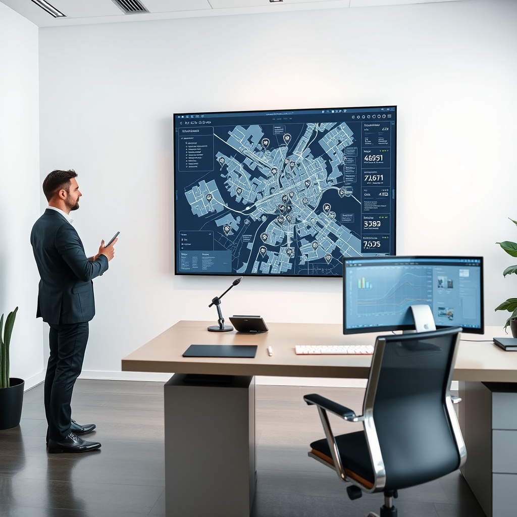"A sleek workplace environment where a real estate agent reviews a large, interactive display showing a dynamic map of a city. The map is detailed with various data overlays such as demographics, price trends, and digital pins marking available properties, each tagged with tech icons representing AI and analytics tools. Nearby, a modern, minimalistic desk with a high-tech computer setup reflects a professional and cutting-edge real estate office. The room is bright and stylized, emulating a high-energy, successful atmosphere tailored to an audience of forward-thinking real estate professionals."