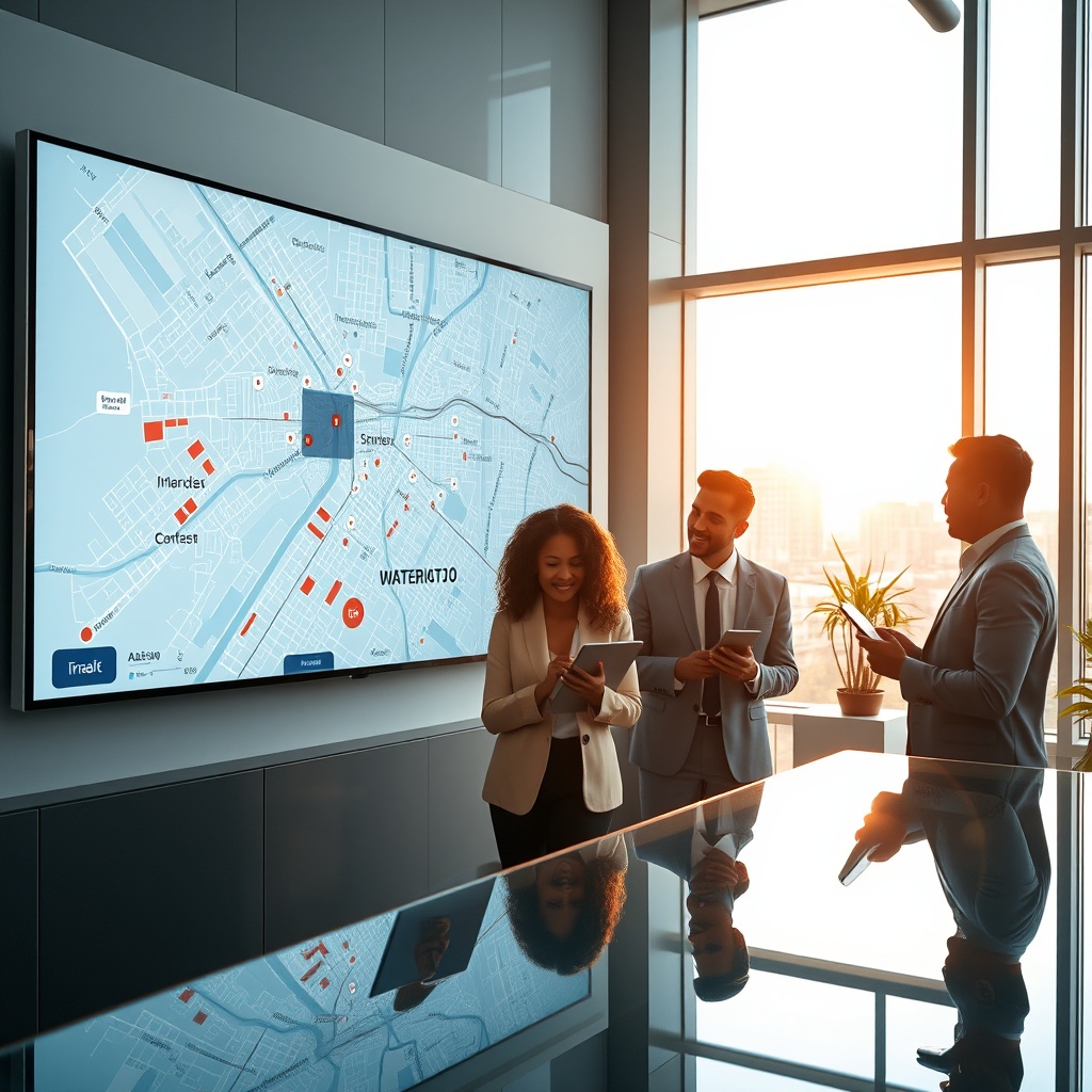 "Visualize a high-tech real estate office in Washington D.C., featuring a large digital interactive map of the city prominently displayed on a sleek wall-mounted monitor. The map is enhanced with dynamic data overlays showing fluctuating market trends like prices and demographics. In the foreground, a diverse group of real estate professionals, including an African-American woman and a Hispanic man, are actively engaging with the map and discussing strategies using tablets and smartphones. The environment is modern and crisp, with glass surfaces and minimalist decor, reflecting cutting-edge technology and professionalism. The soft morning light filters through large windows, casting an optimistic glow, symbolizing stability and future growth in a fluctuating market."