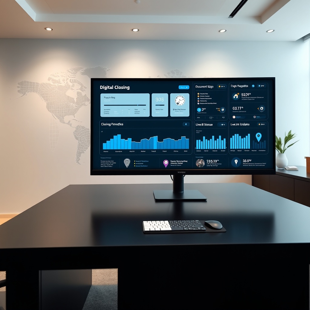 "A high-end real estate agent's office setup featuring a large, sleek black desk topped with a high-resolution monitor displaying a sophisticated digital dashboard. On the dashboard, elements of digital closings are visible, such as virtual document signing, a step-by-step closing process timeline, and live updates on transaction statuses. The background subtly integrates a high-tech city map pinpointing various properties, each marked with cutting-edge technology symbols like smart home and geo-location icons. The office exudes a modern professional vibe with minimalist decor and ample ambient lighting, reflecting a blend of traditional real estate prowess and modern technological advances."