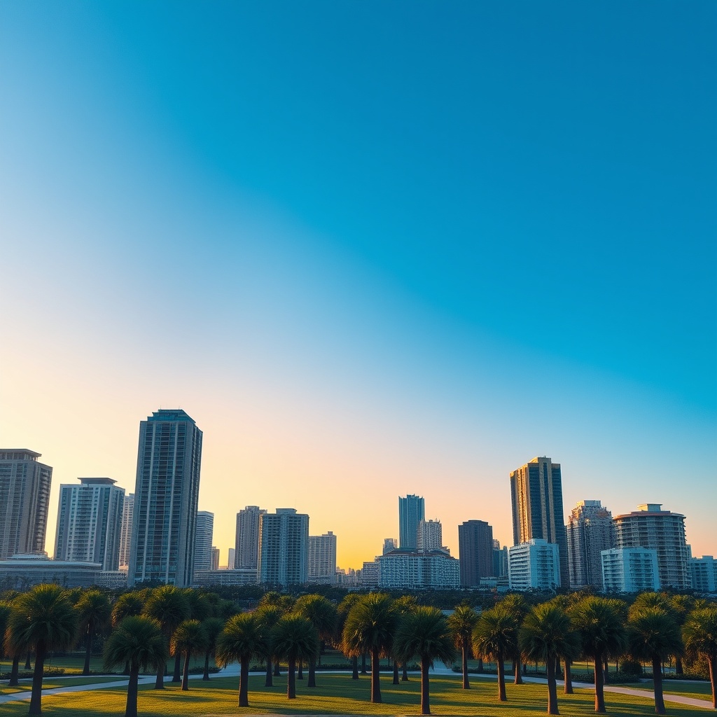 "A striking image of a vibrant urban skyline in Florida at sunset, showcasing a mix of residential high-rises and commercial buildings with a clear blue sky transitioning to warm orange hues. In the foreground, a well-manicured public park dotted with palm trees offers a contrasting green space within the urban environment. Highlight the dynamic growth of the city without any property tax symbols or text, reflecting a thriving and attractive real estate market, aiming for a clean, professional, and realistic style to appeal to investors and real estate professionals."