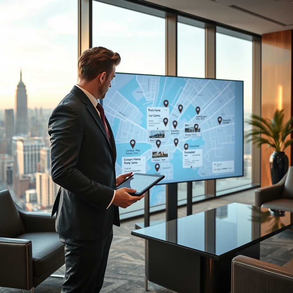 "An elegant and sleek real estate office with a large, high-resolution screen showcasing an interactive map of a city. The map displays exclusive property listings with standout symbols like luxury homes, penthouses, and unique estates, clearly marked with sophisticated markers. The foreground shows a stylish real estate agent using a tablet to interact with the digital map, dressed in professional attire. The office setting is upscale with panoramic windows offering a view of the city skyline, embodying an environment of exclusivity and innovation in real estate."