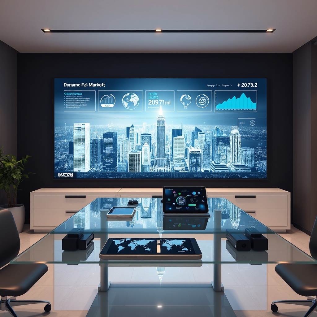 "A sleek, contemporary real estate office setting with a large digital wall display showing a futuristic cityscape integrated with dynamic, real-time market analytics. The forefront features a clear, glass desk with modern gadgets like tablets and AR devices, highlighting tech advancements in real estate. The cityscape includes subtle icons representing various market factors like tariffs and strategic innovations affecting real estate trends. The ambiance is high-tech and professional, aimed at forward-thinking real estate professionals and investors."