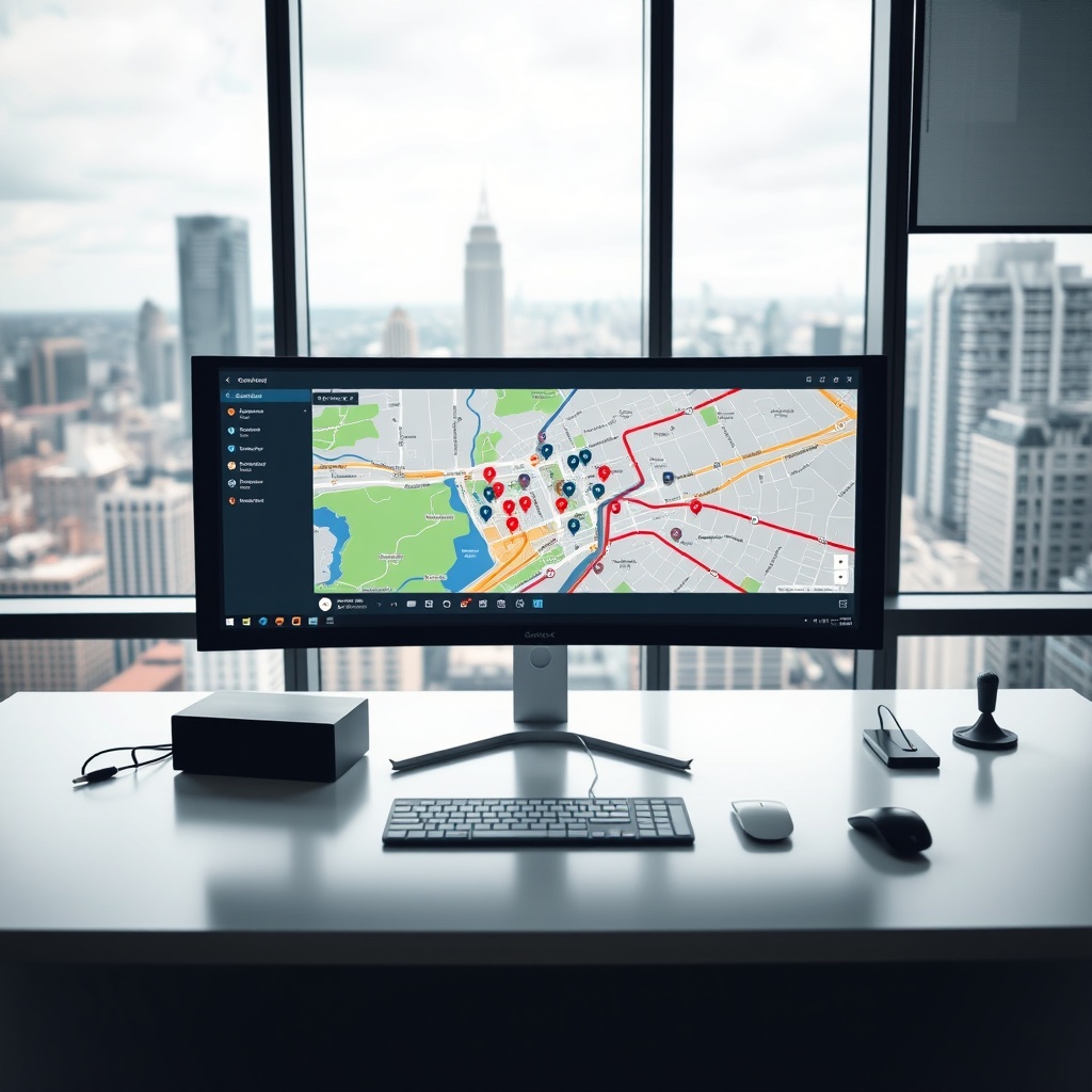 "A sleek, modern workspace featuring a large desktop monitor displaying a sophisticated real estate mapping software. The screen shows an interactive map with detailed layers of location data, including shaded areas indicating property values, brightly colored icons for schools, and public transportation routes like bus and train lines. The desk is tidy with minimal, high-tech gadgets, and through a large window behind the setup, we see a dynamic cityscape suggesting a bustling, urban environment. The office ambiance communicates advanced technology and real estate professionalism, tailored to appeal to forward-thinking real estate agents and investors."