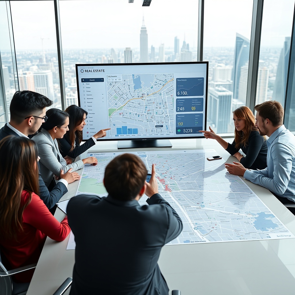 "A sleek and modern corporate meeting room with a large digital display screen showing an advanced real estate analytics dashboard. The dashboard prominently features a high-resolution, interactive city map that includes dynamic layers displaying various datasets such as property values, demographic trends, and locations of schools and public transport links. Around the table, a diverse group of focused real estate professionals analyze the data, pointing towards the screen, depicting a collaborative and strategic environment. The office has a panoramic view of the city skyline through glass walls, symbolizing growth and high-tech integration in real estate business operations. The scene conveys a sense of professionalism, foresight, and cutting-edge technology."