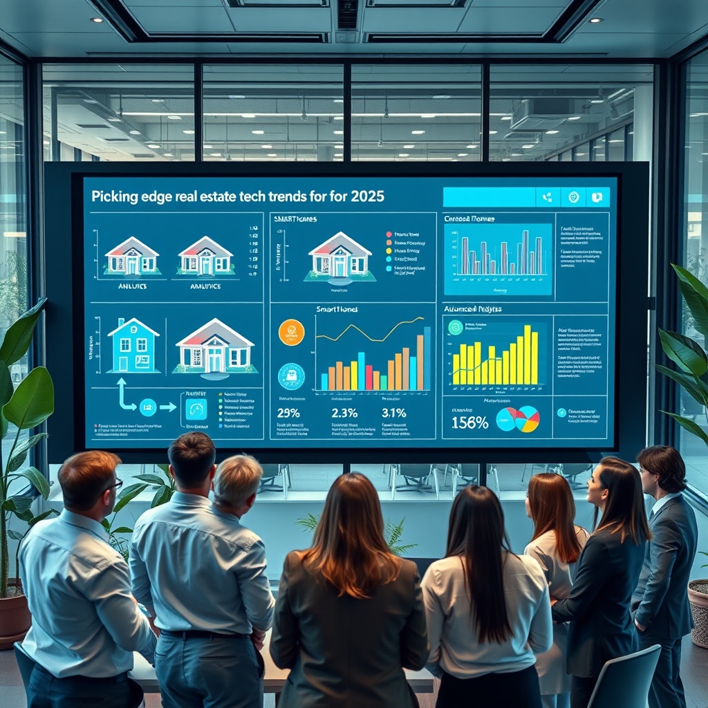 "A sleek office environment featuring a large, high-resolution display showing dynamic graphs and flowcharts about cutting-edge real estate tech trends for 2025. The display includes augmented reality features with 3D models of smart homes and advanced AI-driven analytics in progress. Around the display, diverse real estate professionals in business attire are engaged in discussion, indicating a collaborative and futuristic setting. The office is modern with glass walls, green plants, and ambient lighting, emphasizing technology's integration into the natural environment."