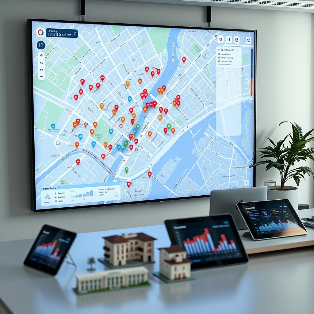 "A sleek, high-tech workspace featuring a large interactive display screen showing a dynamic urban map enriched with location data. The map is detailed with colorful markers for various real estate properties, and additional layers highlighting amenities such as schools, parks, and public transport stations. Around the workspace, there are ambient elements like architectural models and digital tablets showing graphs and data analytics, suggesting a focus on innovation in real estate. The setting is clean and modern, illuminated by soft, natural light to convey a professional yet inviting atmosphere."