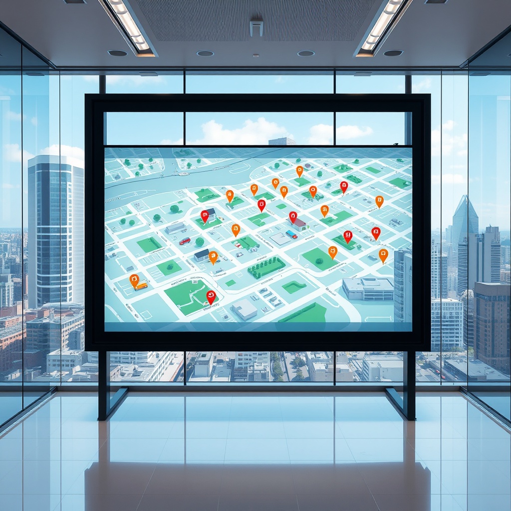 "A visually appealing scene depicting a large, interactive display screen within a sleek, modern real estate office environment. The screen shows an advanced, dynamic real estate platform interface, highlighting a detailed digital map of a bustling urban area. Icons on the map vividly showcase various amenities including schools, bus stops, and parks. Additionally, several properties marked with different colors indicate their varying market values. The view should look through the transparent glass walls of the office to a vibrant cityscape, symbolizing the integration of real estate opportunities and urban life. The setting reflects a high-tech, professional atmosphere suitable for forward-thinking real estate professionals in 2025."