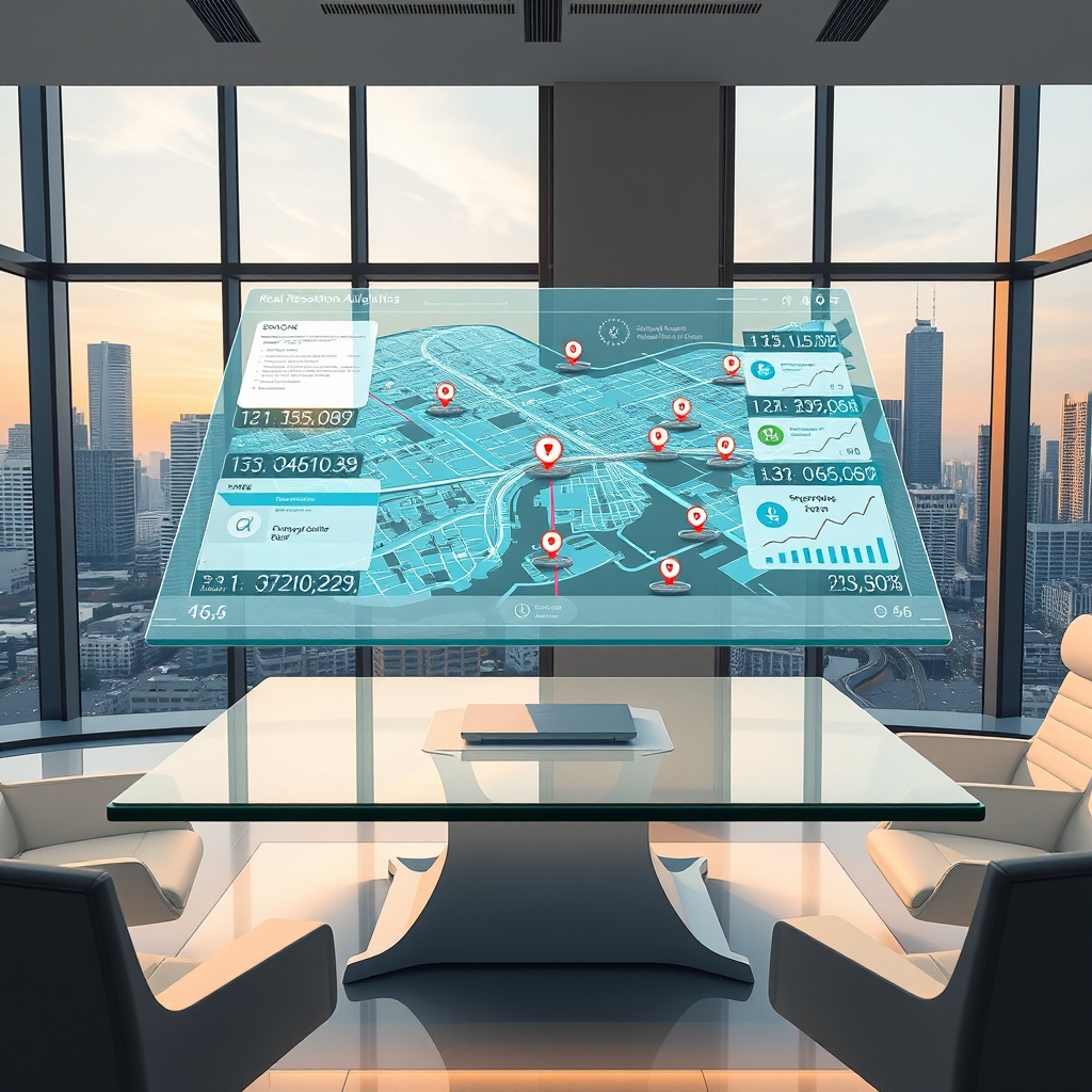 "A dynamic visualization of a futuristic real estate analytics platform interface, floating above a sleek, glass-top desk in a brightly lit, stylish office environment. The holographic display shows a high-resolution map integrated with real-time data overlays including property valuations, demographic trends, and traffic patterns. Icons representing schools, shopping centers, and public transportation hubs are distinctly marked, enhancing the map's utility. This state-of-the-art setup is flanked by minimalist, high-tech furniture and large windows showcasing a city skyline, embodying a blend of technology and urban development."