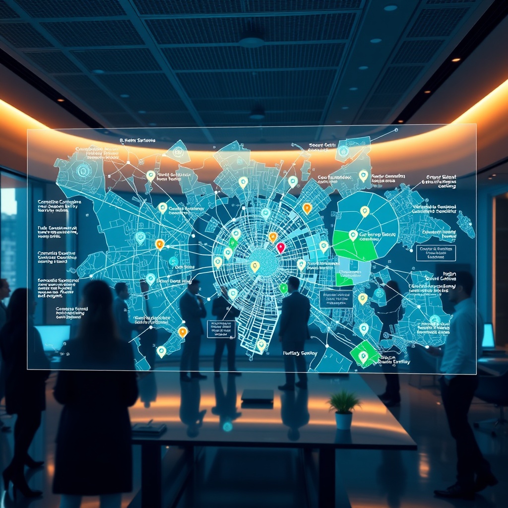"A dynamic image featuring a modern real estate office, with a central focus on a large, transparent digital display showcasing an interactive city map. The map is detailed, using glowing icons to denote compliance zones, environmentally sensitive areas, and development restrictions in urban settings. The office setting is sleek and professional, populated with diverse real estate professionals engaged in discussions or analyzing data. The ambient light reflects a setting of innovation and high-tech efficiency, emphasizing the cutting-edge nature of location technology in the real estate sector."