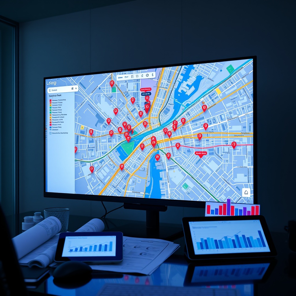 "A sleek, modern workspace featuring a large, high-resolution monitor displaying an advanced real estate analysis interface. The screen shows a vibrant, detailed city map pinpointed with dynamic icons representing various types of real estate data including demographic trends, property values, and public transportation links like bus stops and train stations. Surrounding the monitor are architectural blueprints and digital tablets showing graphs and analytics, creating a high-tech, professional environment that appeals to real estate developers and investors focused on leveraging location data for strategic decisions."