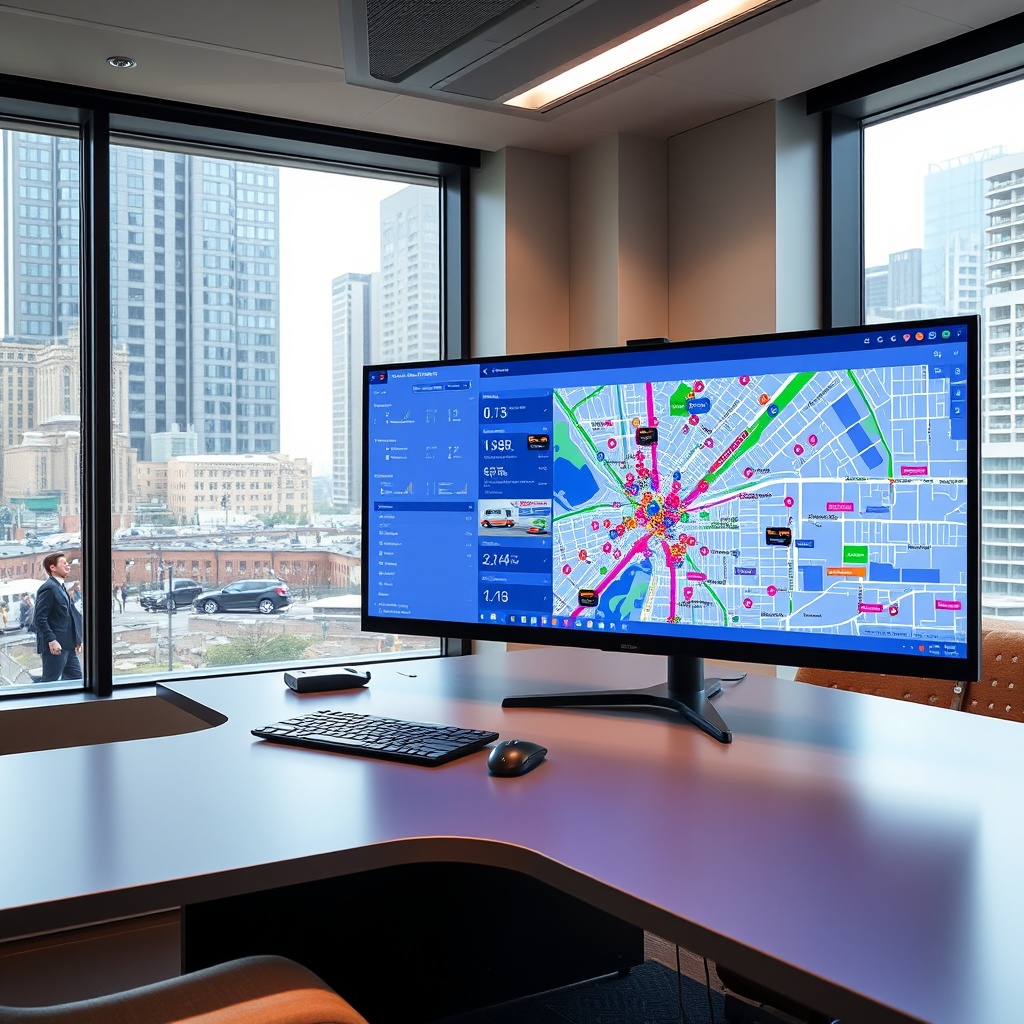 "A sleek, modern workspace showcasing an expansive desk with a high-resolution monitor displaying a vibrant and intricate real estate analytics dashboard. The screen vividly represents a dynamic city map peppered with colorful, distinct icons marking schools, bus stops, train stations, and various properties for sale or lease. Nearby, a window reveals a bustling urban scene, linking the virtual data with the real world. This setup conveys a professional, cutting-edge environment tailored for real estate experts who leverage innovative location data to drive market insights and growth."
