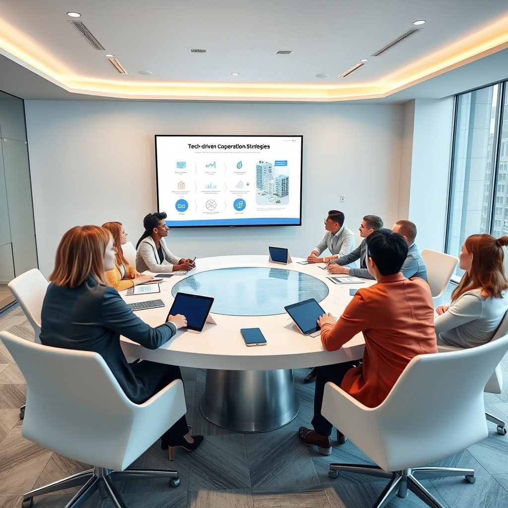 "A vibrant and high-tech meeting room setup showing a round table where a diverse group of real estate professionals—different genders and ethnicities visible—are engaged in discussing a digital presentation. The presentation, displayed on a large screen at the end of the table, features dynamic graphics illustrating tech-driven cooperation strategies in real estate, such as shared digital platforms and AI tools. No text is visible on the screen. The lighting in the room is bright aiding an atmosphere of enthusiasm and innovation, underlined by sleek, modern furniture and high-tech devices on the table like tablets and smartphones, suggesting a forward-thinking, professional environment."