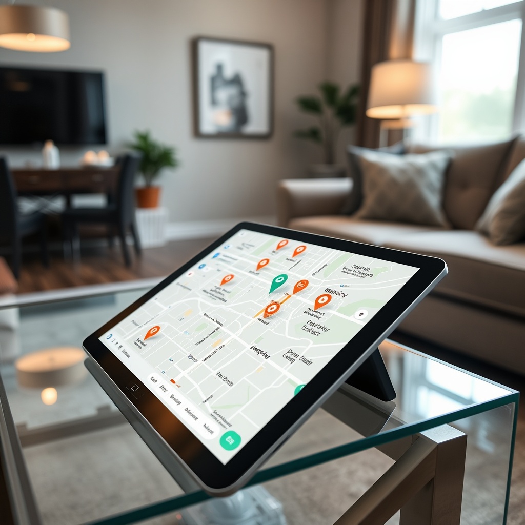"A contemporary image depicting a sleek digital tablet resting on a glass table. The tablet’s screen shows an interactive map of a senior housing community, enriched with location technologies that highlight various amenities such as nearby parks, hospitals, pharmacies, and grocery stores. Surrounding the tablet, the setting is a cozy, well-lit living area of a senior residence with modern decor that provides a comfortable and inviting atmosphere. The image embodies innovation, security, and convenience, tailored to attract seniors looking for intelligent housing solutions."