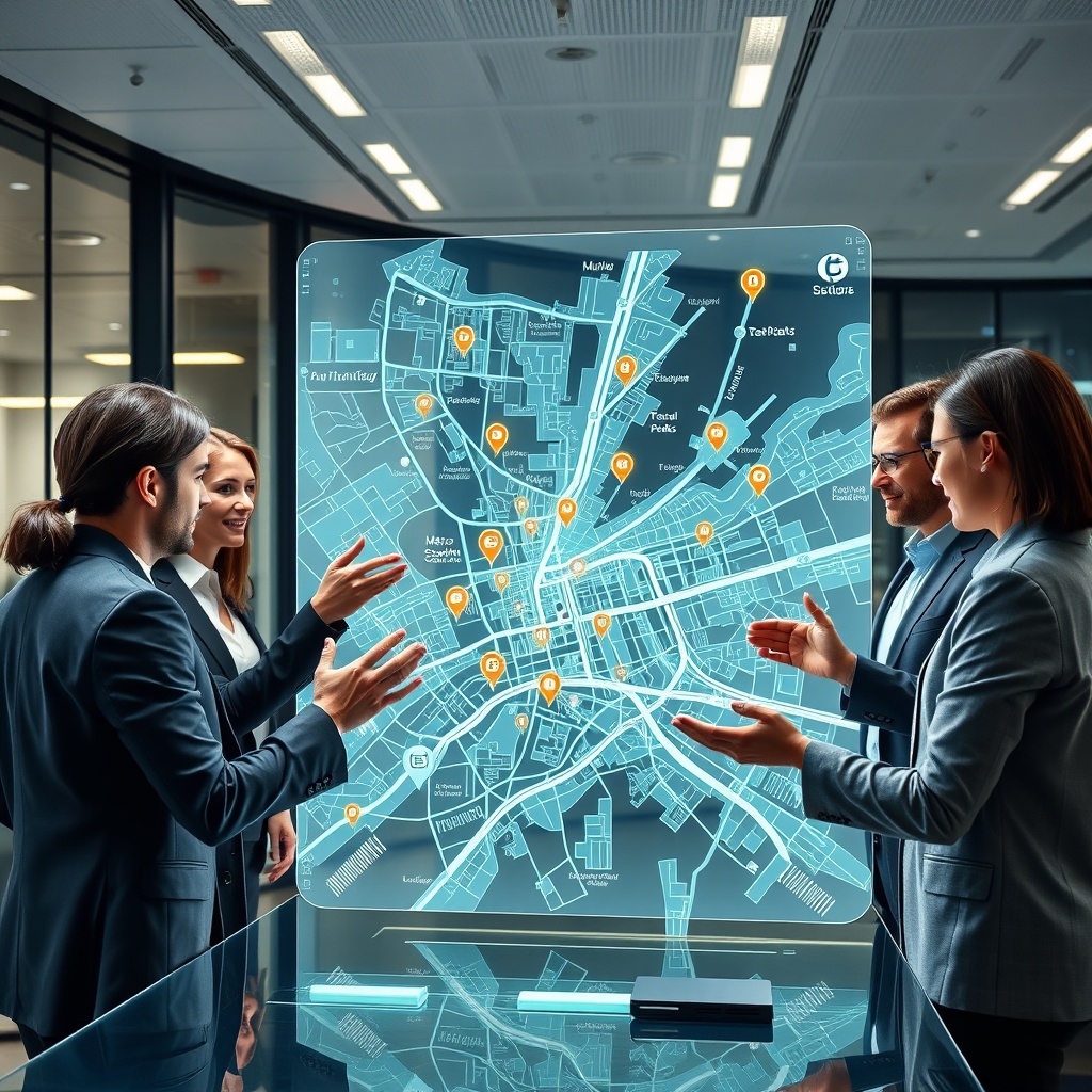 "A high-tech, futuristic real estate investment office showcasing an interactive holographic display of a city map. The map is detailed with dynamic markers representing real estate growth areas, tech parks, and major transport links like metro stations and highways. A diverse group of professionals, representing different demographics, collaboratively use touch-free gestures to navigate data points on this virtual interface, emphasizing the blending of technology and location intelligence in the year 2025. The office setting is sleek and modern, with glass walls and ambient, tech-driven illumination to convey a forward-thinking and innovative environment."
