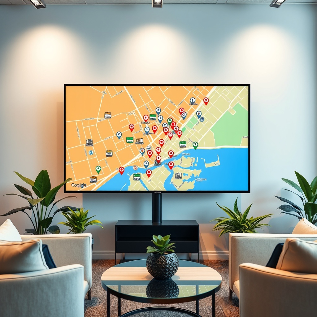 "A vibrant and sophisticated workspace featuring a large, high-resolution monitor displaying a cutting-edge real estate platform. The screen shows a dynamic, interactive map that vividly highlights various properties, pinpointing schools, bus stops, and train stations using distinct, colorful icons. Around the monitor, the office is elegantly decorated with minimalist furniture and green plants, emphasizing a clean, modern aesthetic that appeals to forward-thinking real estate professionals."
