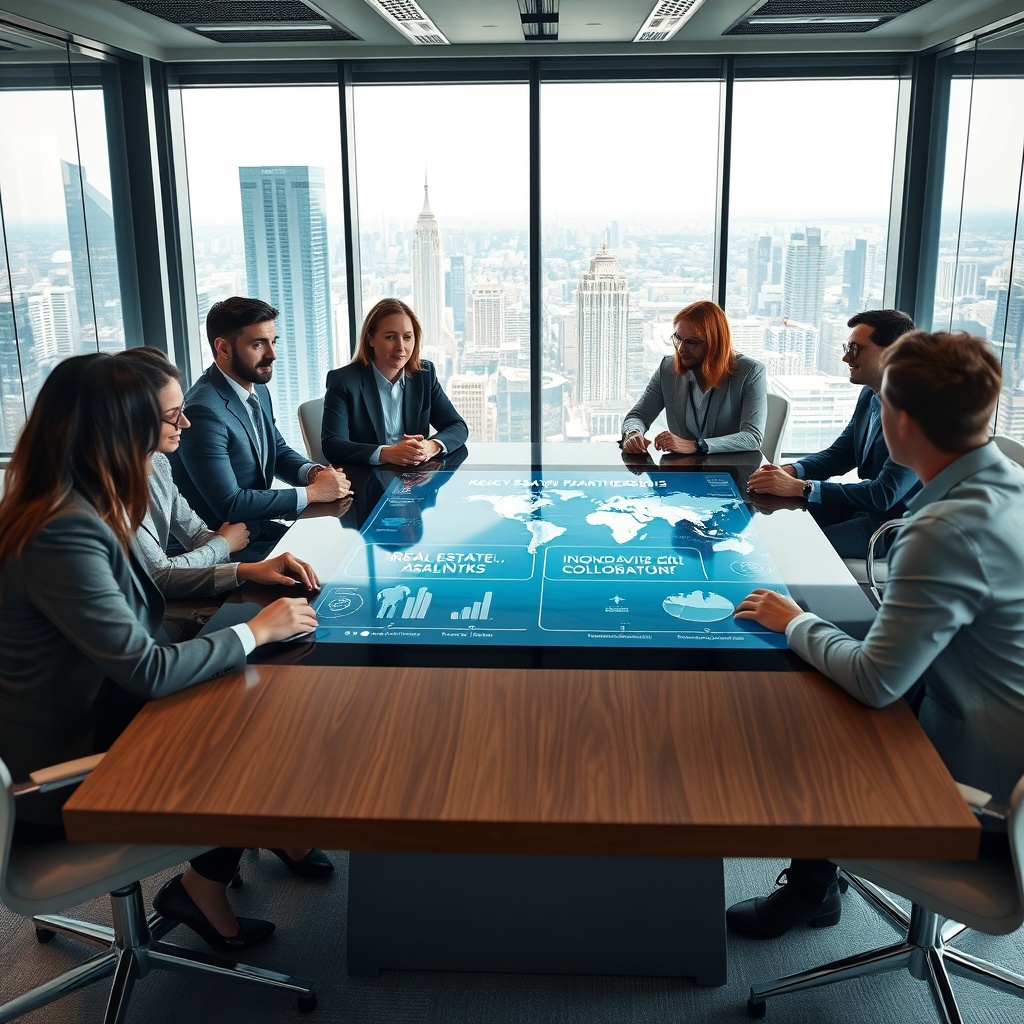 "A cutting-edge conference room scene featuring a diverse group of professionals engaged in a strategic meeting. The table showcases a digital interactive display, where a dynamic presentation about real estate partnerships is visible, emphasizing key global markets and innovative collaboration methods. The background reflects a sleek, modern office space with glass walls, providing a view of a vibrant cityscape, symbolizing growth and future opportunities. The atmosphere is professional and forward-thinking, tailored to appeal to industry leaders and investors."