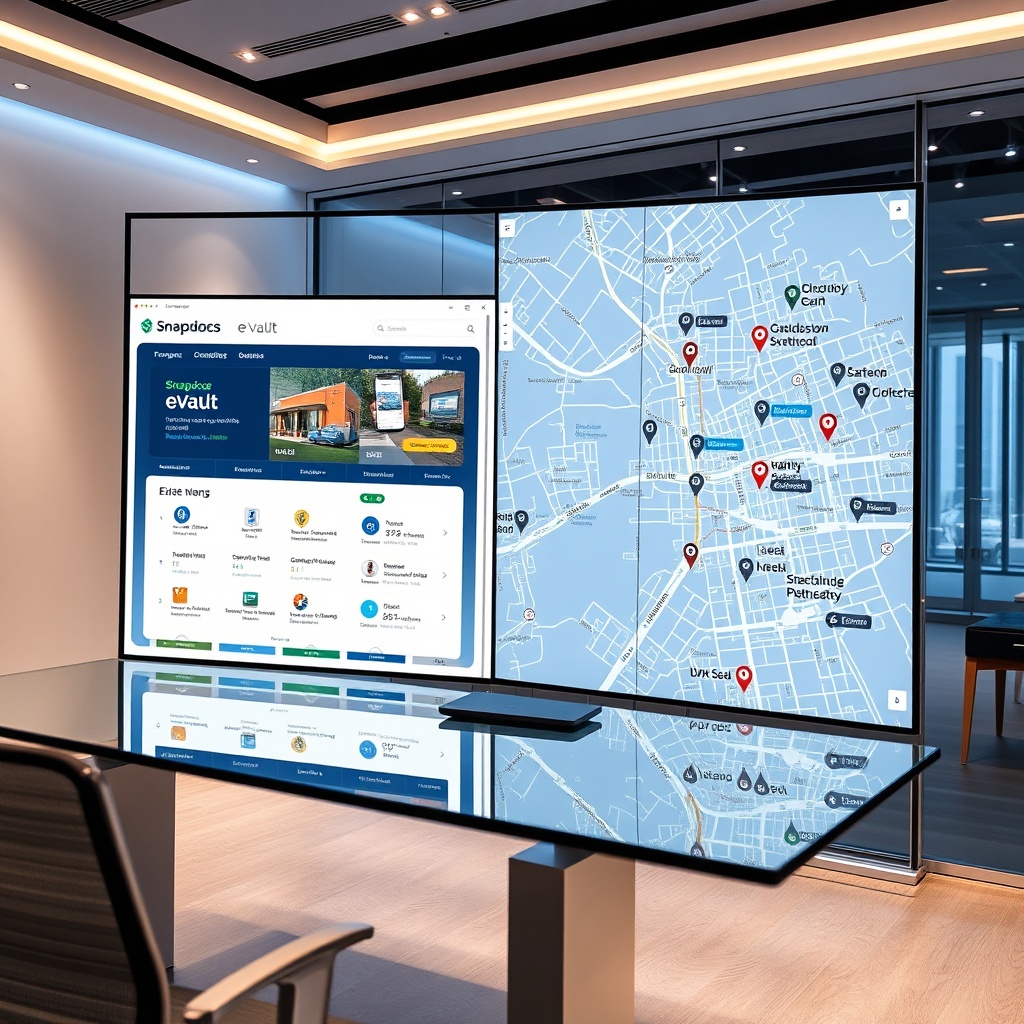 "A sleek, high-tech workspace featuring a large, vibrant display screen showing Snapdocs eVault interface on one half and a sophisticated geographic information system (GIS) map on the other. The map is detailed, pinpointing various real estate properties and incorporating location technology markers like GPS coordinates, nearby amenities, and transit links. The scene is set in a contemporary office with a glass desk, minimalistic decor, and ambient lighting that conveys a professional and forward-thinking atmosphere in line with real estate advancements."