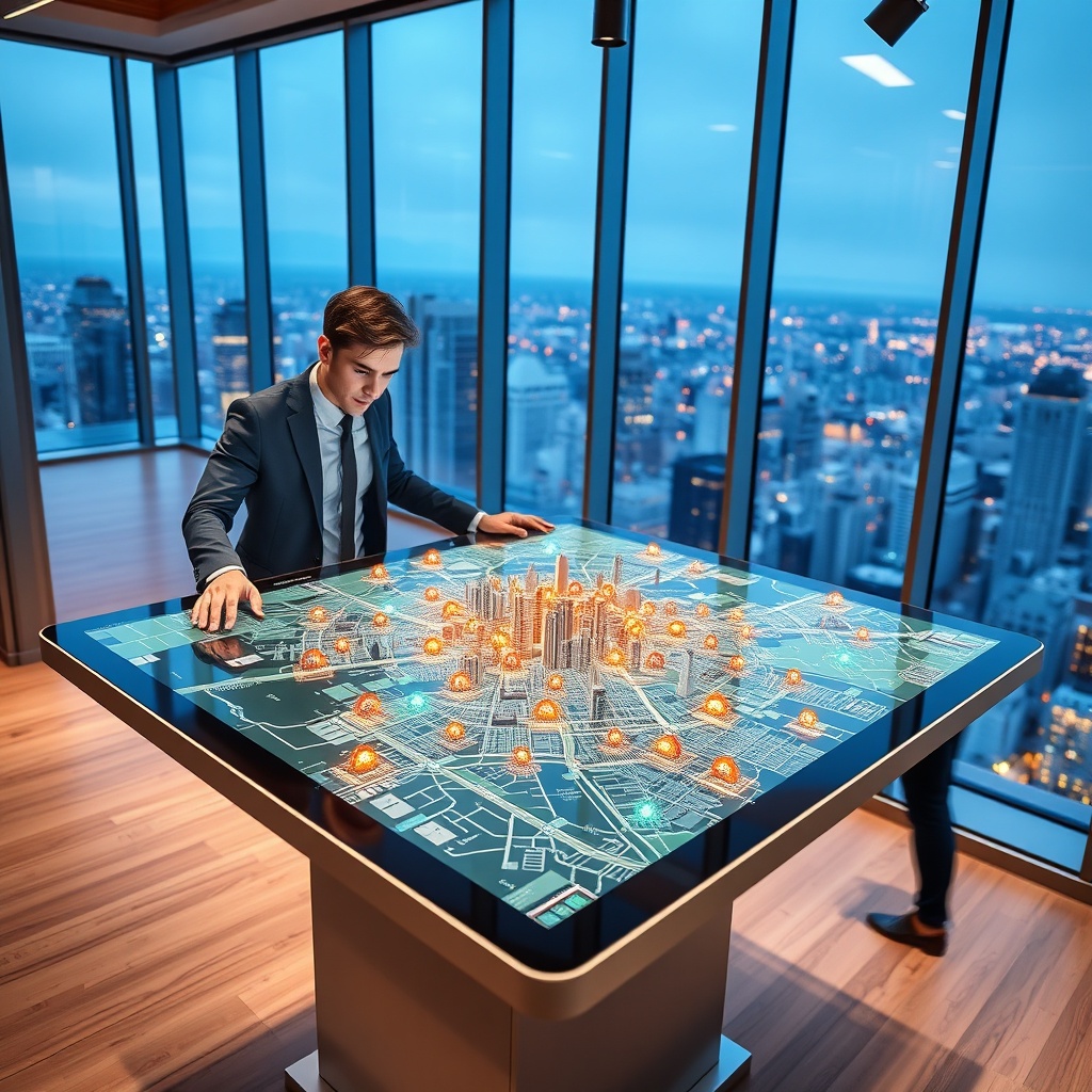 "A dynamic image showing a high-tech real estate office where a young professional is using an advanced digital interactive table. The table displays a vibrant, high-resolution city map teaming with pulsating property locations and demographic overlays such as population density and average income. The office background suggests a modern, sleek design with large glass windows offering a panoramic view of the city skyline, embodying a blend of technology and urban real estate acumen. The scene is bright and inspiring, conveying a sense of innovation and forward-thinking in real estate marketing."