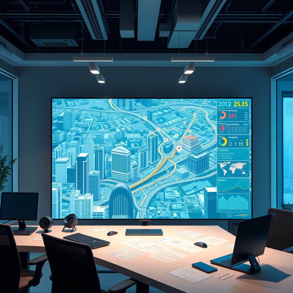"Visualize the future of real estate innovation for 2025 with a sleek, modern workspace, featuring a large, high-resolution digital display showing an interactive real estate analytics platform. The screen should visualize a dynamic map of a bustling city, pinpointing various types of properties and incorporating live data streams showing market trends, demographics, and economic data. Around the display, technologically advanced gadgets and open architectural plans reflect a cutting-edge environment. The atmosphere is vibrant yet professional, catering to forward-thinking real estate professionals and investors focusing on growth through advanced data insights."
