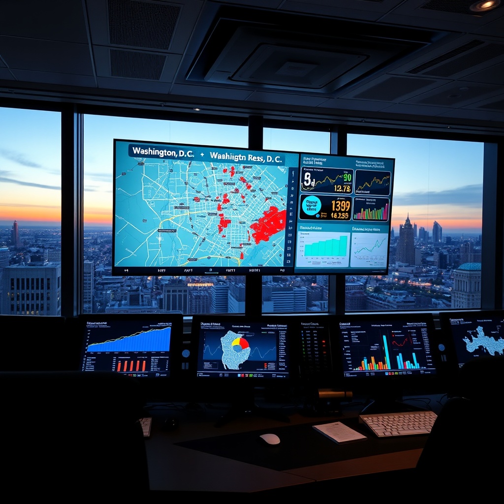 "A sleek command center with multiple high-resolution displays showing dynamic real estate data for Washington D.C. One screen particularly focuses on a detailed, interactive map of Washington D.C., showcasing various neighborhoods highlighted according to their market growth potential. Other screens display graphs and infographics illustrating market trends and predictions. The backdrop of the image is a modern office with panoramic views of the Washington D.C. skyline during early evening, conveying a sense of advanced technology blending with professional real estate management. No text is included in any part of the image."