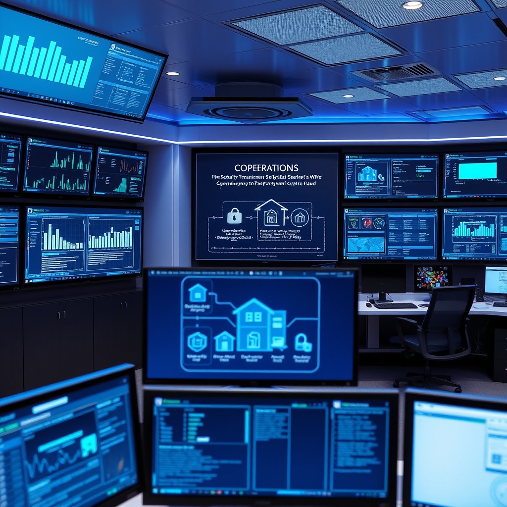 "A sleek, high-tech security operations center with multiple monitors displaying complex data analytics and cybersecurity tools. One prominent screen shows a detailed, digital diagram of a real estate transaction process, highlighting the security checks and encryptions specifically designed to prevent wire fraud. The environment is modern and professional, filled with advanced technology and ambient blue lighting, portraying a sense of high security and innovation."