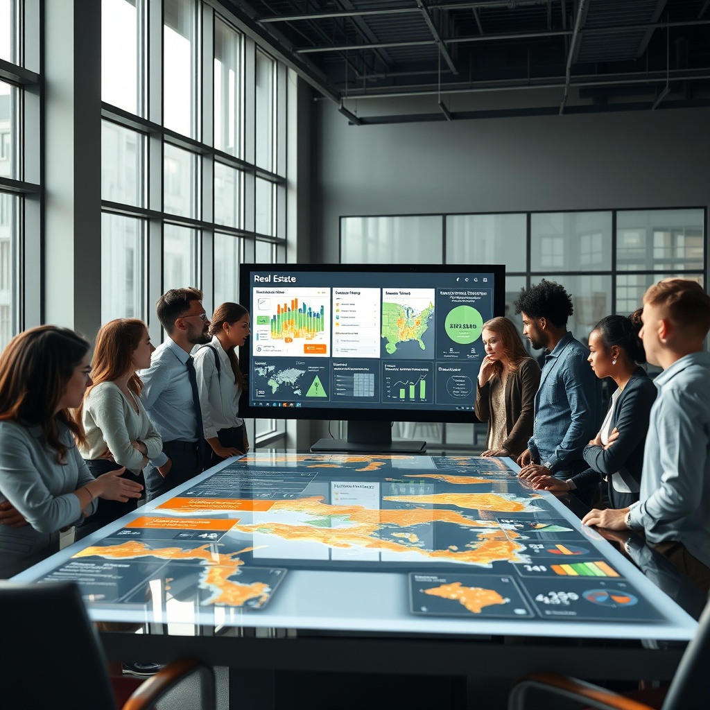 "A dynamic and contemporary workspace with a diverse group of real estate professionals gathered around a large digital interactive table. The screen displays an advanced real estate software interface showing various DEI (Diversity, Equity, and Inclusion) statistics, such as demographic heat maps and accessibility features in urban and suburban areas. The atmosphere is collaborative and high-tech, illuminated by soft, natural light from large windows, reflecting a forward-thinking and inclusive approach to real estate."