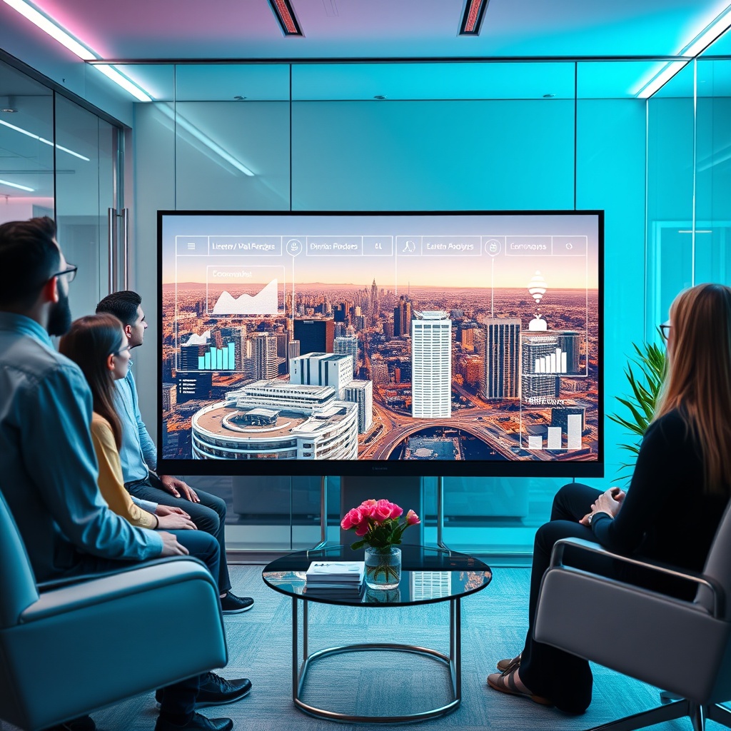 "A cutting-edge workspace featuring a young, diverse team of real estate professionals gathered around a large, modern digital display showing Dara's innovative real estate analysis software. The screen vividly illustrates a dynamic mix of residential and commercial properties enhanced by advanced data analytics icons like graphs, demographic heat maps, and economic trends, all overlaid on a sleek cityscape. The setting reflects a vibrant, futuristic office environment with minimalist furniture, glass walls, and high-tech ambient lighting, highlighting the forward-thinking and revolutionary approach of real estate in 2025."