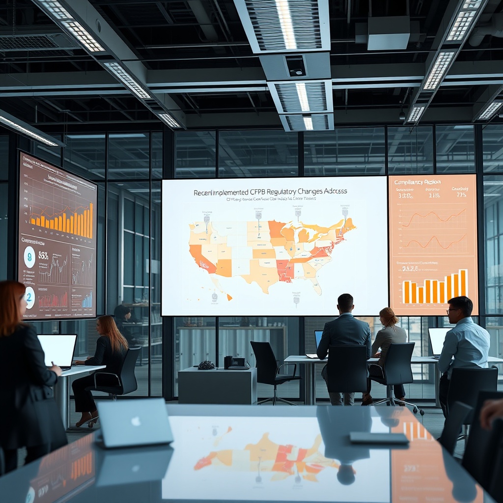 "A modern, high-tech office environment with large, transparent digital screens displaying a variety of real estate analytics and compliance tools. One screen specifically showcases an interactive map tagging recently implemented CFPB regulatory changes across different regions. The office is sleek and professional, occupied by a diverse team of real estate professionals actively engaged in analyzing this data. The setting radiates a sense of urgency and modernity, appealing to industry experts keen on adhering to new standards while leveraging technology."