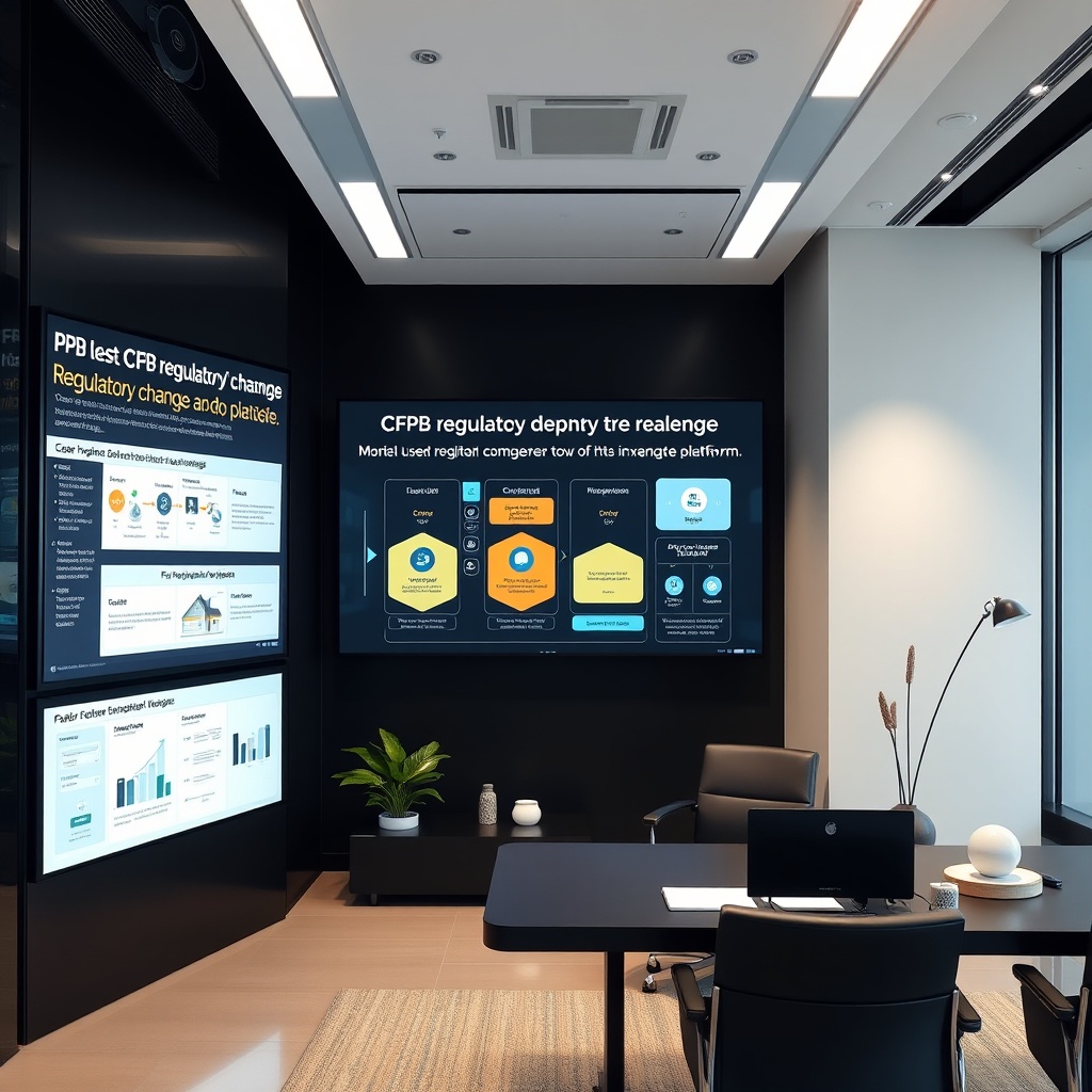"A sleek, modern real estate office environment, showcasing a large digital display with interactive software illustrating the latest CFPB regulatory changes in real estate. The screen displays flowcharts and diagrams that simplify complex regulatory information, integrated into a user-friendly real estate platform. This setting emphasizes a blend of elegance and technology, with a clean, minimalist office design featuring high-tech gadgets and subtle decor that appeals to forward-thinking real estate professionals."
