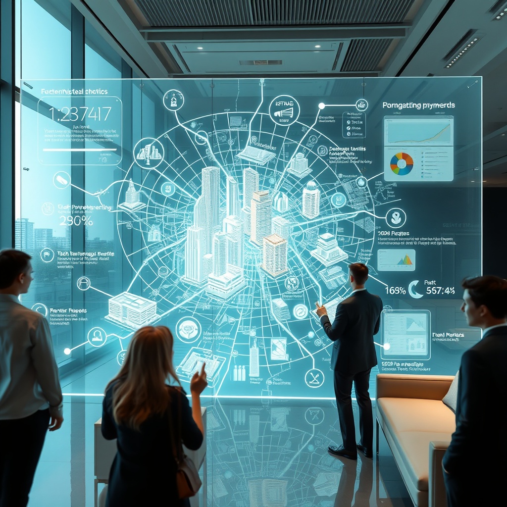 "An innovative and futuristic real estate office environment, showcasing a large, transparent holographic display of a city map that vividly highlights various tech-enhanced real estate trends. The display includes interactive 3D models of properties that are seamlessly integrated with data points like demographic trends, market values, and tech advancements. Visitors are engaging with the technology, exploring interactive features through touch. The office is sleek and modern with glass walls and minimalist furniture, reflecting a cutting-edge, professional atmosphere tailored to real estate developers and innovators."
