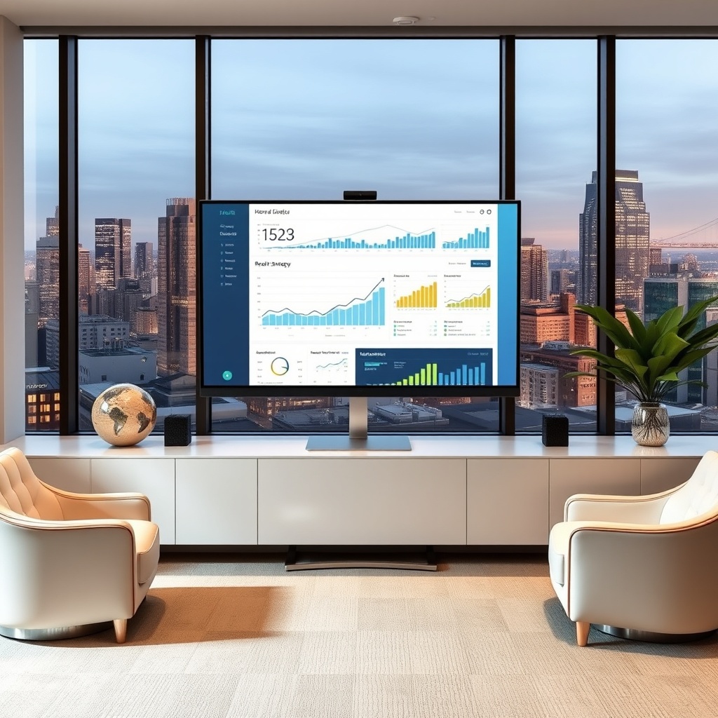 "A contemporary home office featuring a large, sleek monitor displaying an advanced real estate analytics software interface, focusing on Home Equity Lines of Credit (HELOC) management. The screen shows graphical data and growth charts that highlight successful strategies in real estate markets. Surrounding the monitor, you can see elegant, minimalistic decorations reflecting a modern and innovative workspace, with large windows providing a view of a bustling city skyline, symbolizing growth and opportunity. The scene conveys a professional, tech-savvy atmosphere tailored to financial consultants and real estate professionals."