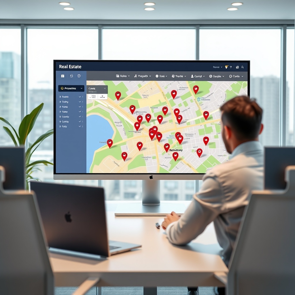 "A sleek, modern workspace featuring a large, high-resolution monitor displaying a real estate website interface. The screen shows a vibrant, interactive map that actively highlights various properties with pin markers and overlays indicating nearby amenities like schools, parks, and shopping centers. The scenario suggests a tech-savvy real estate professional working in a bright, contemporary office with minimalistic design elements, conveying a sense of innovation and efficiency in the real estate market. No text appears within the image; all details are purely visual to ensure a focus on the enriched location data capabilities."