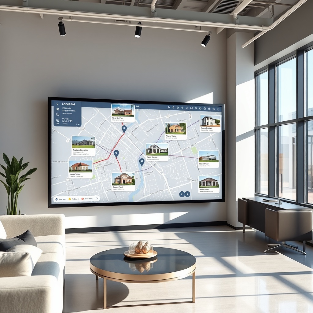 "A realistic depiction of a sleek, modern real estate office featuring a large, high-resolution touchscreen display in a bright, airy setting. The screen vividly shows an advanced interactive map that highlights various properties with enriched location data such as distance to schools, shopping centers, and public transportation. Subtle infographics float beside each property, showcasing demographic trends and economic stats without text, purely in graphical form. The office is stylish, with contemporary furniture and large windows that suggest a successful, cutting-edge real estate environment."