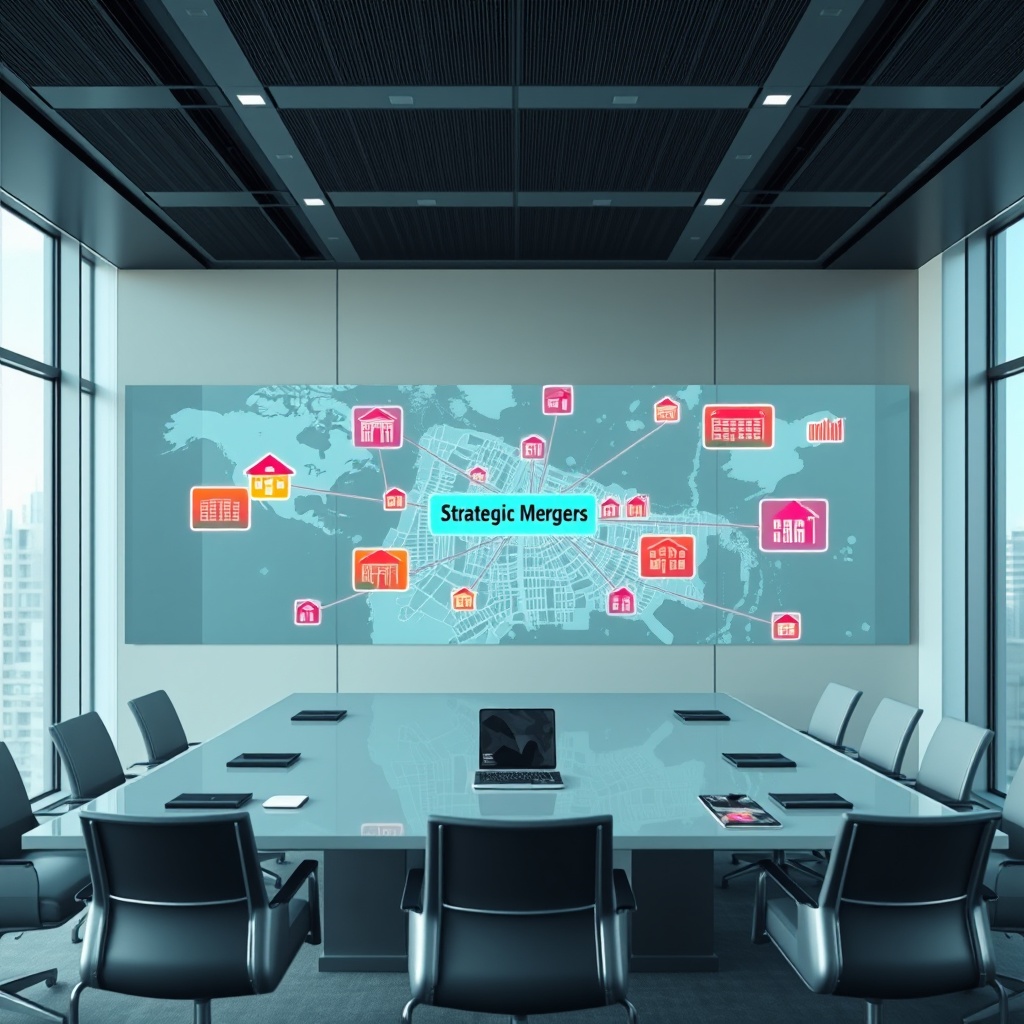 "A sleek, modern conference room featuring a large, transparent display showing a dynamic map of a city with various real estate properties highlighted in bright colors. Each property is connected by digital lines to a central node labeled 'Strategic Mergers', illustrating the interconnectedness of different properties through strategic decisions. The room also has a minimalist design with high-tech gadgets and furnishing, reflecting a high level of professionalism and focus on advanced data technology. The natural light streaming through large windows conveys an atmosphere of clarity and forward-thinking in the business of real estate."