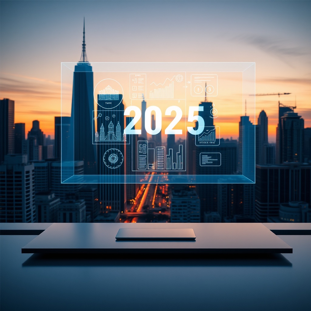 "A dynamic cityscape at twilight, showcasing a mix of traditional and futuristic buildings, symbolizing the evolving real estate market of 2025. In the foreground, an impressive digital holographic display floats above a sleek, contemporary office table. The hologram vividly illustrates various revolutionary real estate strategies, including virtual property tours and AI-driven market analysis tools. The scene conveys a sense of advanced technology and forward-thinking, tailored to appeal to innovative real estate professionals and investors who are adapting to a rapidly changing economic landscape."