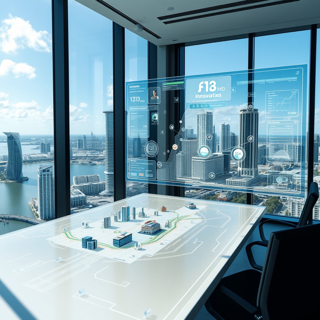 "A sleek, high-tech office space overlooking a panoramic view of Miami's skyline. Within the office, a large, transparent digital screen displays an interactive map of Miami. The map features dynamic, animated icons representing various real estate listings, advanced tech innovations like 3D models of buildings, and analytical data points. The scene conveys a sense of cutting-edge technology and sophistication, tailored to convey the transformative impact of technology on Miami's real estate market, appealing to real estate professionals and investors seeking modern solutions."