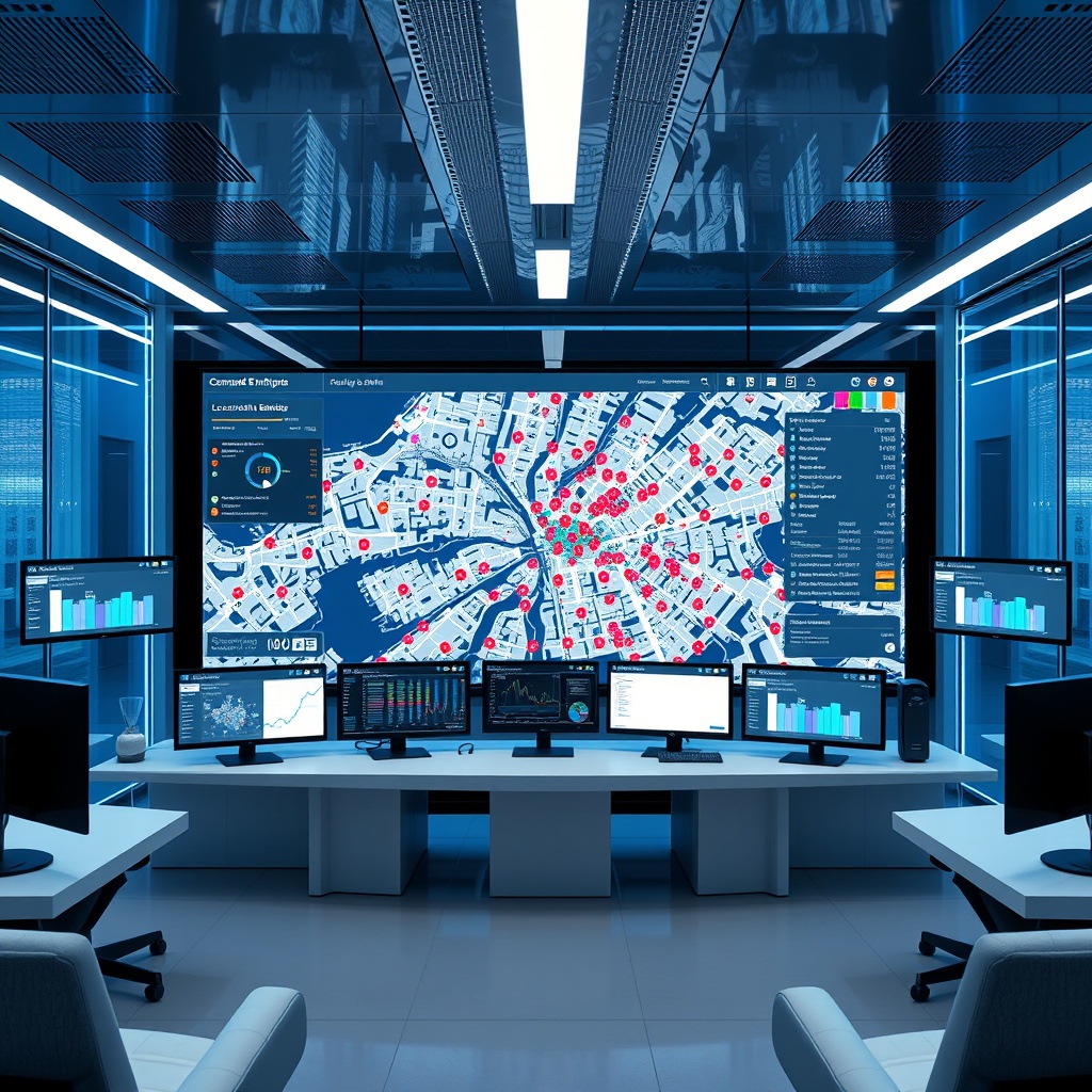 Image Prompt: "Visualize an advanced, high-tech command center for real estate analysis. The focus is a large, sleek digital screen showing the ICE PPE & Location Enrich API interface, dynamically displaying a sprawling city map adorned with various data points. The map includes colorful, distinct icons representing different types of real estate assets such as residential buildings, commercial complexes, and landmarks. Surrounding the central screen are smaller monitors that provide real-time stats and graphs about property values and market trends. The setting is a futuristic office with glass walls, minimalist furniture, and ambient blue lighting to emphasize a cutting-edge, professional atmosphere."