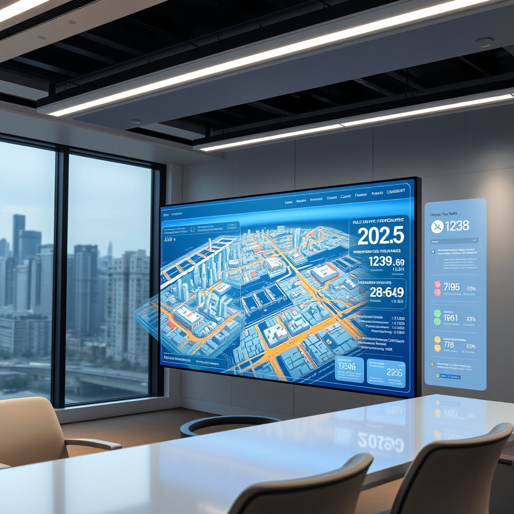 "A sleek, ultra-modern office environment featuring a large, high-resolution display screen showcasing innovative real estate technology tools for 2025. The display includes interactive 3D maps of urban development areas with overlaid data points such as demographic trends, market growth statistics, and upcoming infrastructural developments. The scene is illuminated with soft, ambient lighting to emphasize a futuristic yet practical workspace, aiming to attract real estate professionals looking toward future expansions and technological integrations."