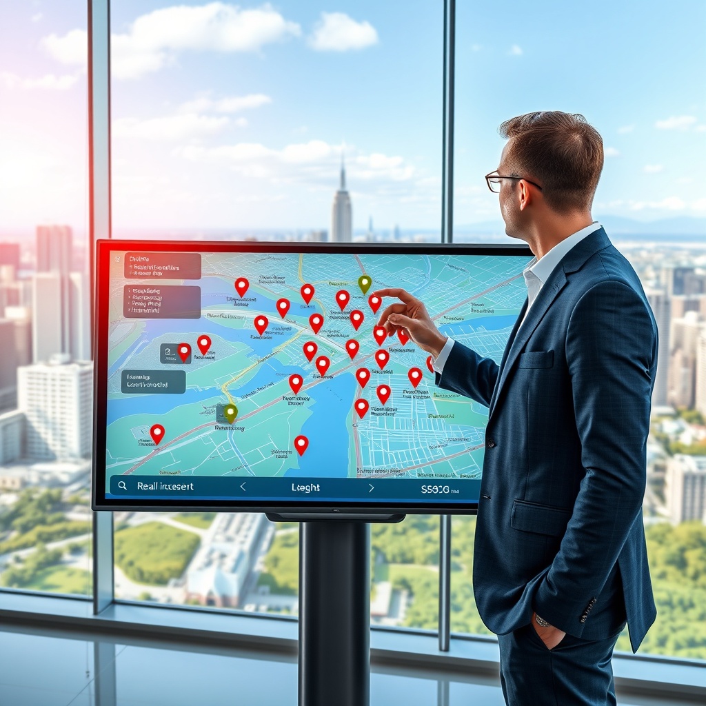"A dynamic depiction of a real estate agent viewing a large interactive touch screen, which displays a sophisticated city map integrated with layers of location data. The scene takes place in a sleek, modern office with panoramic windows showcasing the city skyline. The screen vividly highlights various real estate properties with colorful markers and overlays detailed information regarding demographics, public transport connections, and local amenities like parks and shopping centers. The environment reflects a high-tech, professional atmosphere suitable for tech-savvy real estate investors and developers."