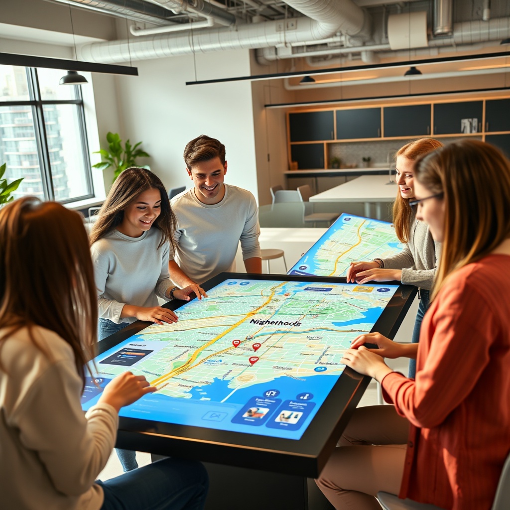"A youthful and dynamic scene depicting a group of Gen Z individuals gathered around a large, interactive digital table displaying an advanced real estate application. The screen showcases a vibrant, detailed map pinpointing neighborhoods popular with younger buyers, highlighted with icons for local tech hubs, trendy cafes, and public transit links. The setting is a stylish, co-working space with minimalist decor and plenty of natural light, embodying a tech-forward and socially connected atmosphere."