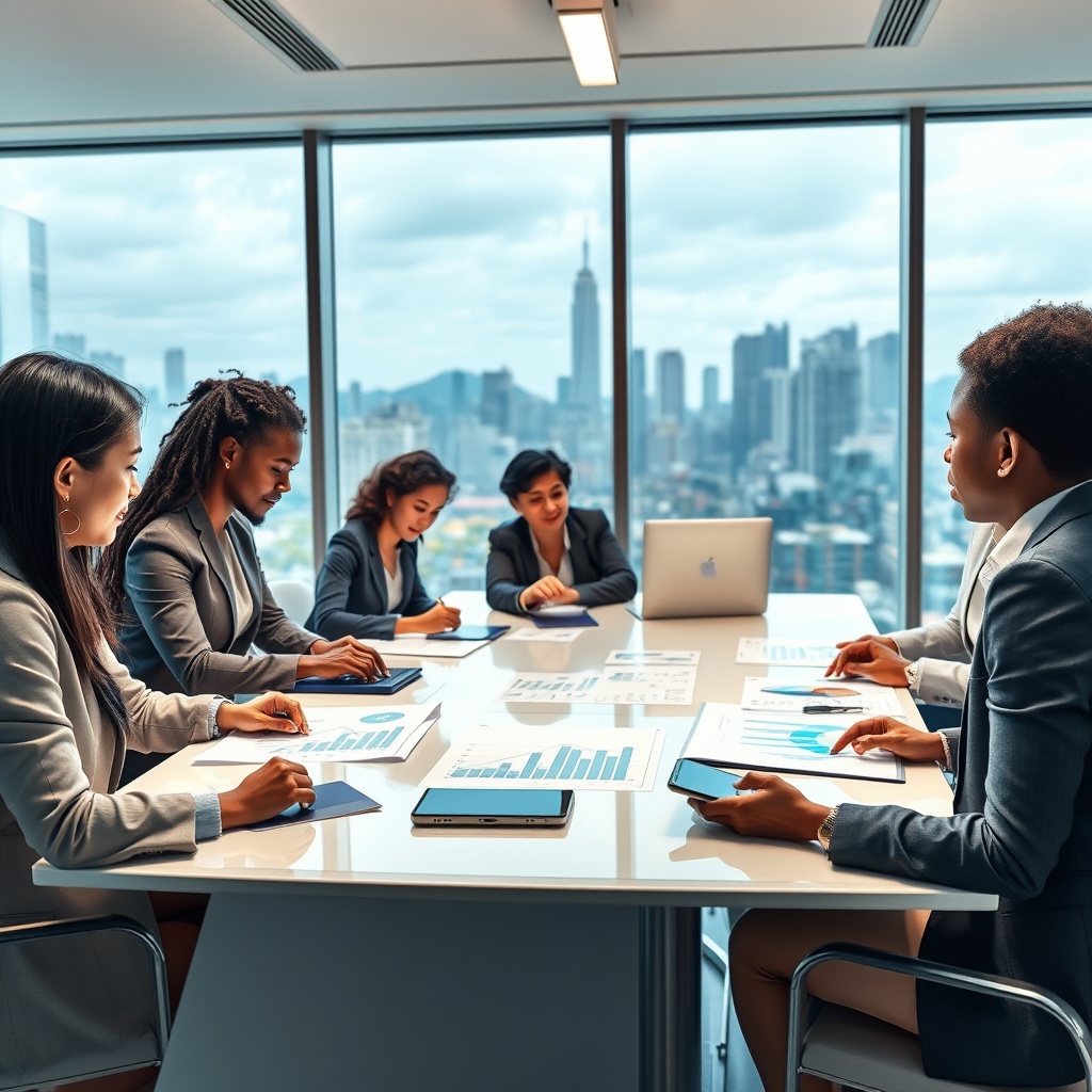 "A visually engaging office scene where a group of diverse professionals (Caucasian, Asian, African origin) are gathered around a sleek, modern conference table, engaging in a spirited discussion. The table displays various documents and digital devices showing graphs and statistics about real estate trends and equity growth. The background incorporates a large, bright window that overlooks a developing city skyline, symbolizing growth and opportunity. The image style is realistic, sharp, with a focus on conveying a sense of professionalism, innovation, and inclusivity in the field of real estate investment."