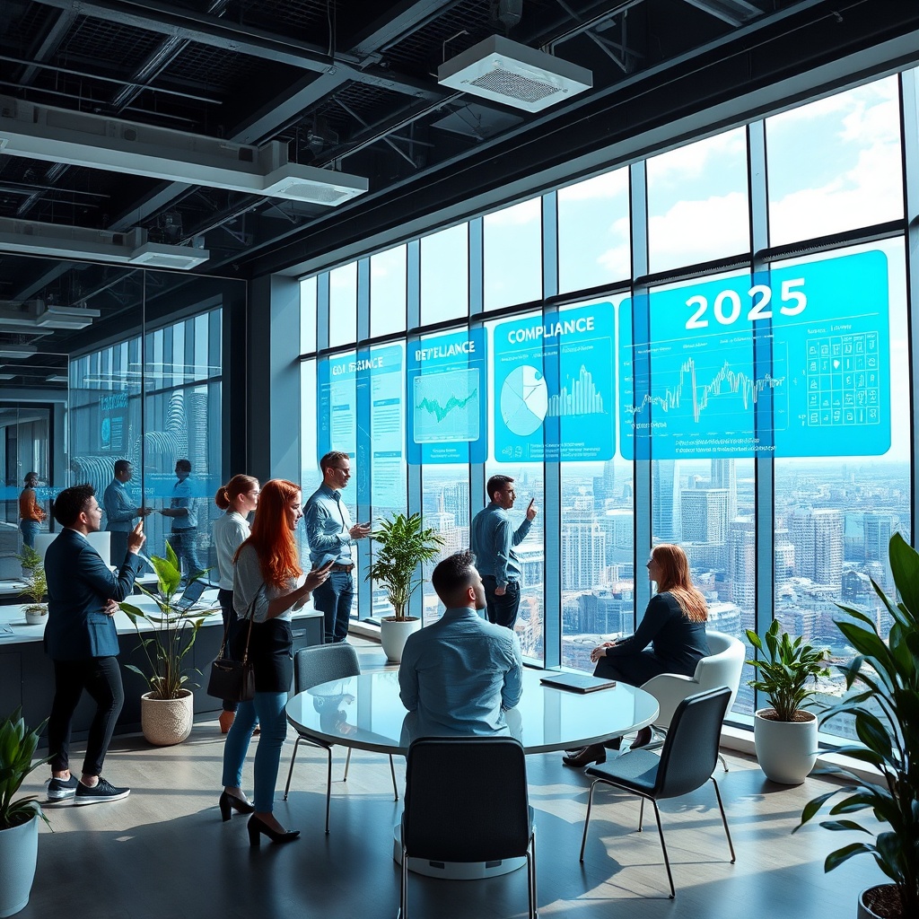 "An innovative real estate technology office environment in 2025, showcasing a sleek, futuristic workspace with transparent digital screens displaying compliance data analysis, regulatory maps, and real-time property updates. The scene includes a diverse team of professionals, both male and female, in smart casual attire, engaging dynamically with this cutting-edge technology. The office is stylish yet approachable, equipped with green plants, large windows offering a panoramic city view and minimalist furniture, emphasizing a smart, tech-driven yet comfortable atmosphere."