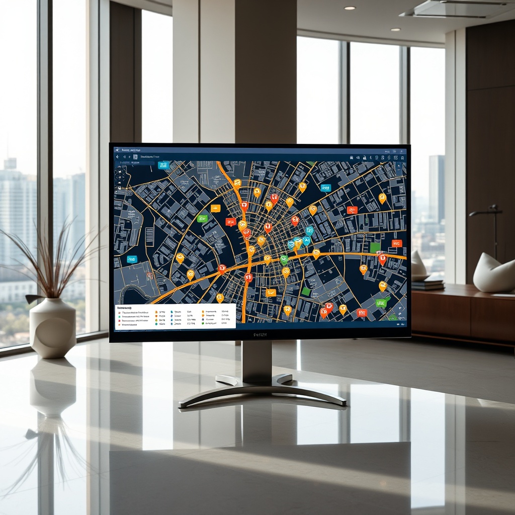 "An elegant, modern office environment featuring a large, sleek monitor displaying a sophisticated real estate analysis tool. The screen shows an interactive city map, richly detailed with dynamic icons representing various types of location data such as schools, public transportation routes, and residential properties highlighted with vibrant property markers. The background of the room has subtle decor, reflecting a professional setting with a large window showing a cityscape, conveying a sense of advanced urban planning and real estate development."