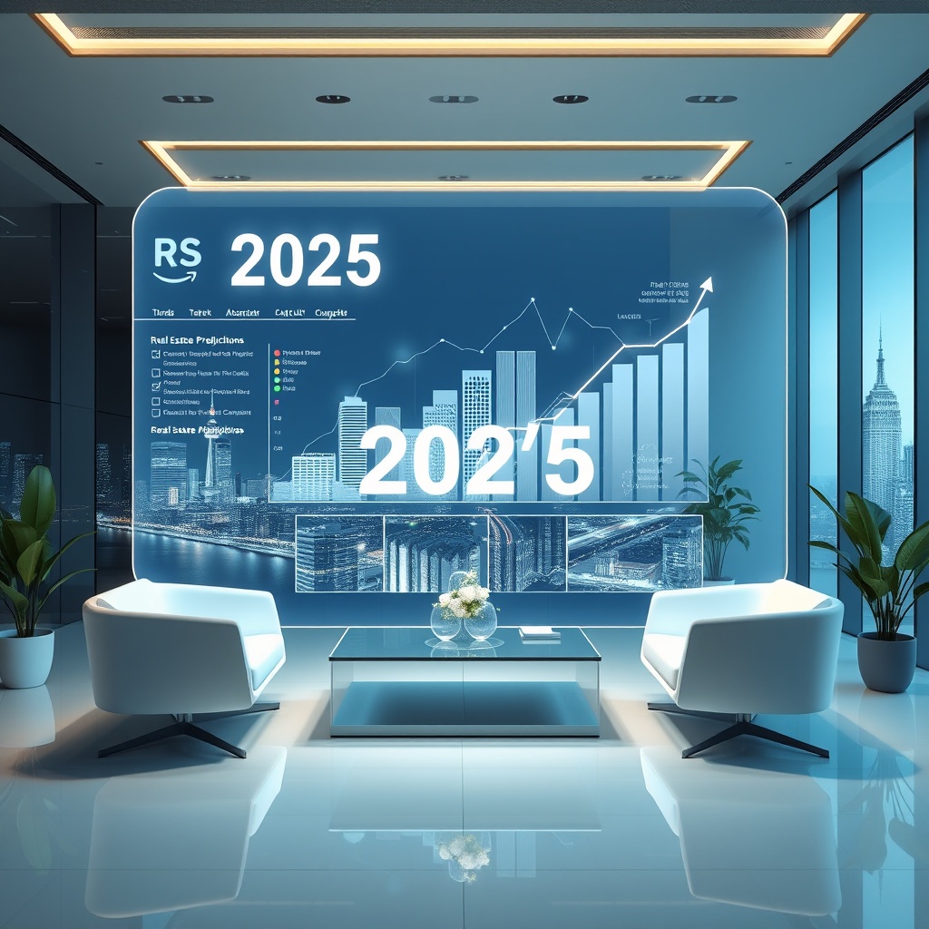 "An elegant and futuristic office setting with a large, transparent holographic display showing dynamic real estate growth charts and futuristic cityscape projections. The charts display trends and predictions for 2025 with innovative graph visuals. The office has a sleek, modern design, with minimalist furniture and green plants, reflecting an environmentally conscious and forward-thinking approach in real estate. The image should convey a sense of cutting-edge technology and strategic planning aimed at real estate professionals looking to embrace future trends."