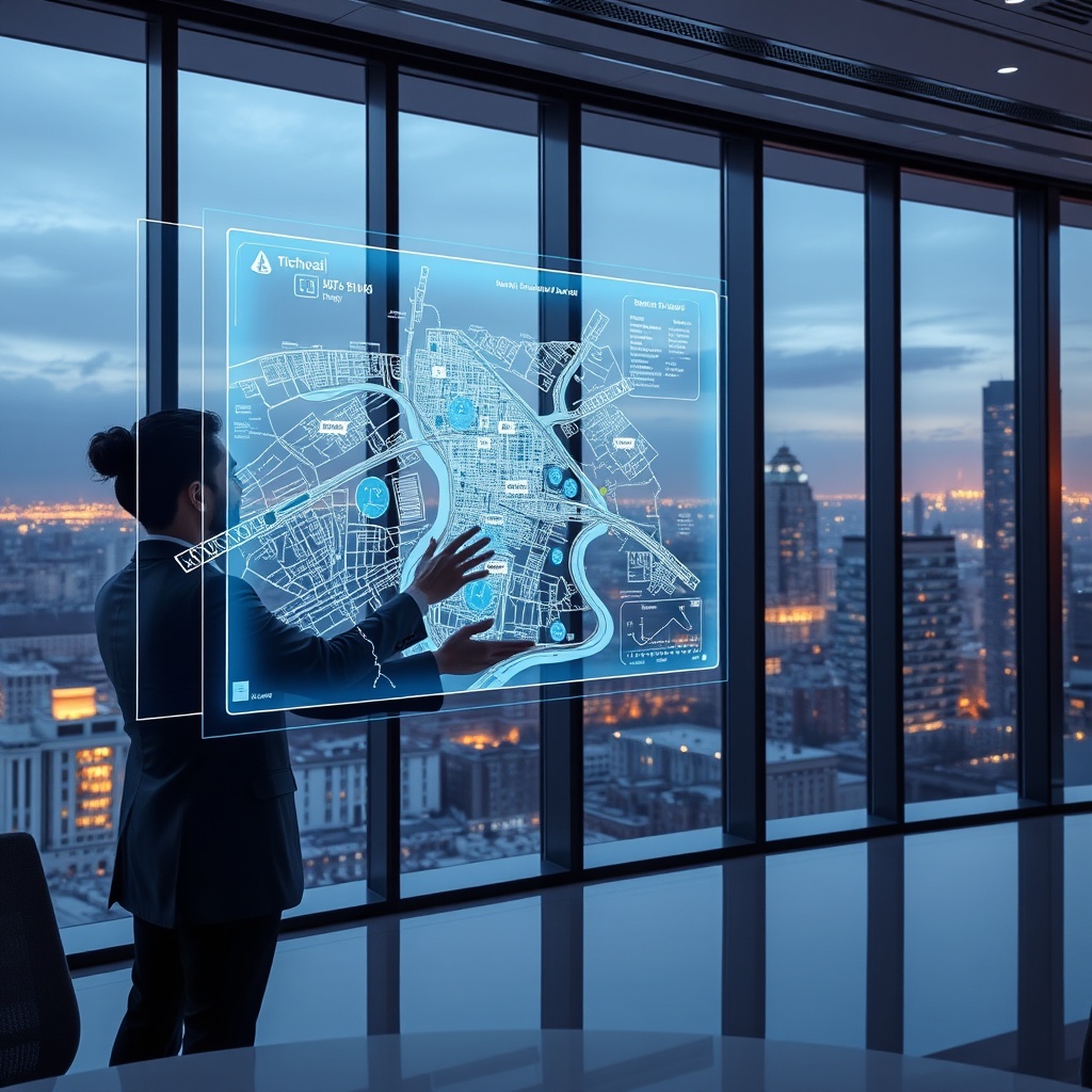 "A futuristic real estate office setting where a professional is interacting with an advanced three-dimensional holographic display of a cityscape. The hologram showcases dynamic maps enriched with AI-enhanced location data including schools, bus stops, and property listings. The office is sleek and modern with large glass windows offering a view of the city skyline, emphasizing innovation and high technology in real estate."