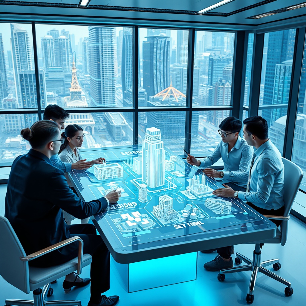 "A sleek, futuristic real estate office environment featuring an interactive holographic display showcasing real-time data analytics and property statistics. The scene includes a high-tech desk with digital screens projecting 3D models of properties and urban landscapes. Around the desk, diverse real estate professionals engage with the technology, analyzing data trends and strategizing. The office is styled with modern, minimalist furniture and large windows that view a bustling futuristic cityscape, emphasizing innovation and cutting-edge technology in real estate."