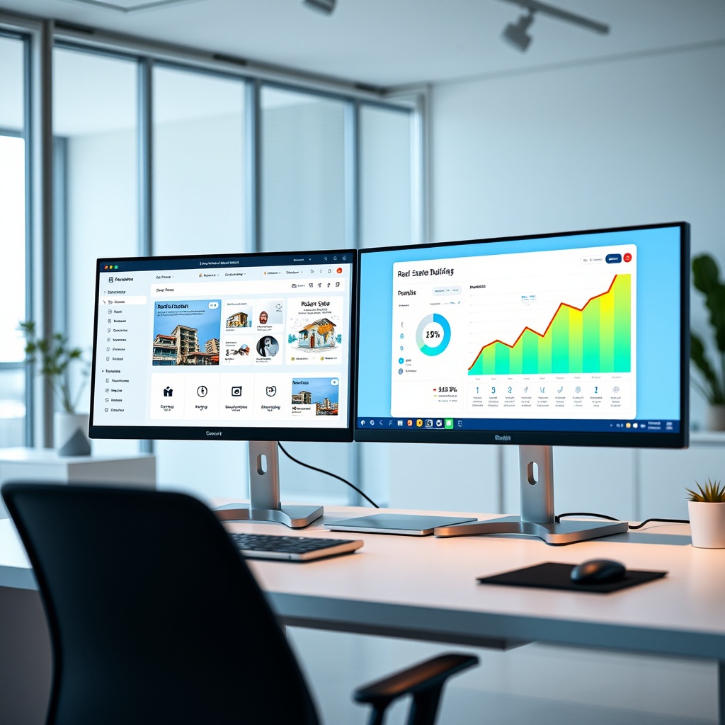 "A contemporary real estate developer's workstation featuring dual monitors, one displaying a sleek, modern real estate website builder interface with tools like drag-and-drop features, customizable templates, and analytics dashboards. The other monitor shows a vibrant growth chart pertaining to real estate sales. The background depicts a minimalistic, stylish office setting, reflecting a vibe of efficiency and future-ready technology. The scene is well-lit, conveying an atmosphere of creativity and strategic planning."