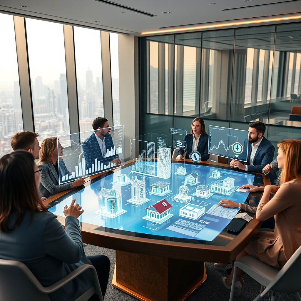 "A sleek, contemporary real estate office setting, featuring an interactive digital table where an array of holographic projections display the latest real estate trends and technological innovations. These projections include dynamic charts of market data and 3D models of smart homes. Around the table, diverse real estate professionals view updates with interest and engage in thoughtful discussions. The office has glass walls, allowing a view outside where a futuristic city skyline can be seen, symbolizing growth and opportunity."