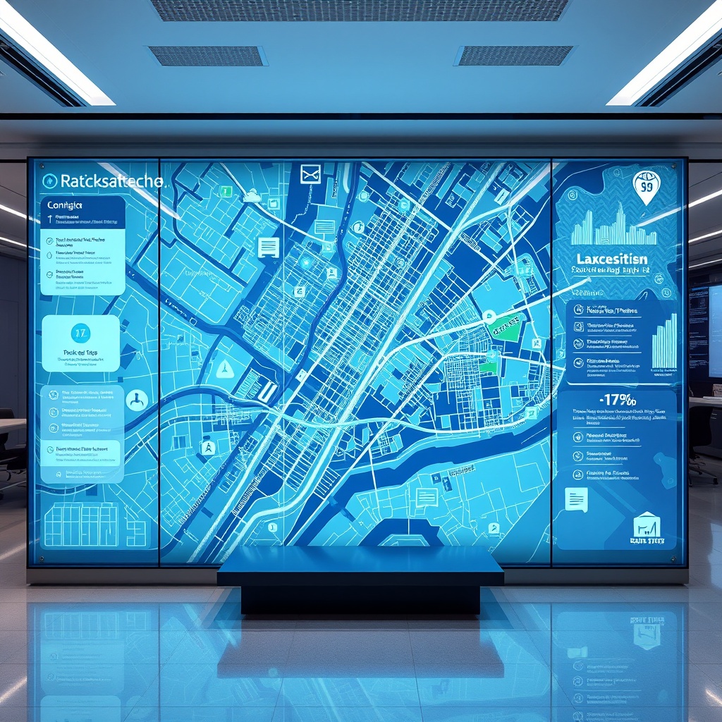 "A cutting-edge real estate technology office environment featuring a large, transparent interactive display showcasing a dynamic city map. The map is populated with advanced data overlays, including real-time property prices, demographics, and traffic patterns. Highlight specific areas with clickable icons for technology hubs, green spaces, and historic landmarks, emphasizing the integration of technology and enriched location data in real estate. The scene should convey a sense of future-forward thinking and professionalism, illuminated by soft, ambient lighting to enhance the innovative aura."