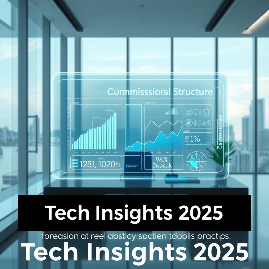 "A sleek and futuristic tech interface illustrating a dynamic real estate commission structure, prominently featuring a holographic display with interactive graphs and data points. The scene is set in a minimalist yet sophisticated office environment, with glass surfaces and skyline views, conveying a sense of innovation and clarity. This visually engaging setup symbolizes the advanced technology forecasted in the ‘Tech Insights 2025’ segment, tailored specifically for real estate professionals looking to adopt modern practices."